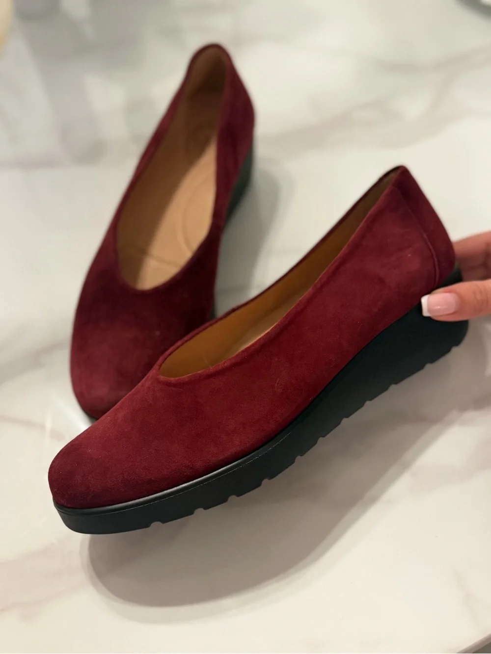 Women's Burgundy Suede Wedge Pumps - Comfortable Everyday Lift